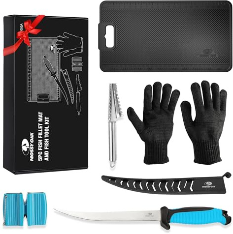 Mossy Oak Fish Fillet Knife Set, 5 PCS Fish Cleaning Kit Includes 7 Fishing Knife, Non-Slip Fish Fillet Mat, Knife Sharpener, Fish Scaler Remover and Cut Resistant Gloves, Fishing Accessories Gifts