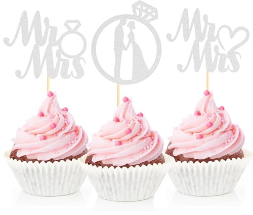 Sotpot Miss to Mrs Cupcake Toppers with Ring Silver Glitter 24 pack for Wedding Bridal Shower Engagement Party Decor Supplies