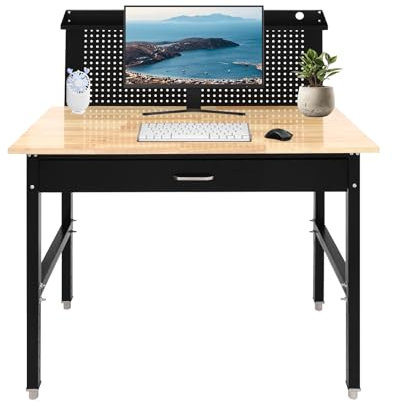 Work Bench with Pegboard, Heavy Duty Garage Workbench - Metal and Wooden Workbenches, Height Adjustable Workbench, Containing Storage Drawer, 2000 lbs Capacity, Black