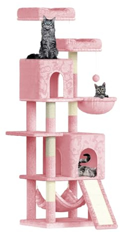 Dogat 158cm Cat Tree for Indoor Cats, Cat Tower with 7 Sisal Scratching Posts, 2 Plush Perches, 2 Cat Houses, 2 Hammocks Suitable for Kittens, Dark Grey (Pink)