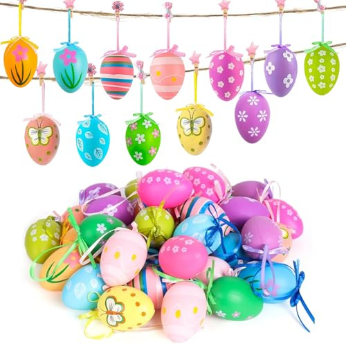 24 Stück Ostereier zum Aufhängen, Bunte Ostereier Plastik, Ostereier mit Band, Ostereier zum Aufhängen Draußen, Ostereier Kunststoff mit Schnur, Ostereier Deko, für Ostern DIY Handwerk Frühling
