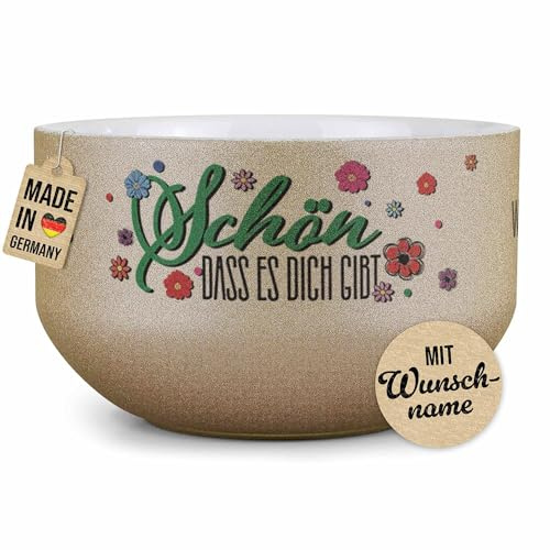 Print Royal PR Glitzer Müslischale mit Name selbst gestalten - Schön, dass es dich gibt - Personalisiertes Geschenk zum Geburtstag, Danke sagen - Keramik, Gold 500 ml