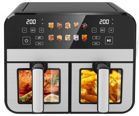 KAITOL Dual Zone Heißluftfritteuse 10L, 2400W Airfryer mit Sichtfenster & 10 Programmen, Digitales Touch-Display, Spülmaschinenfeste Antihaft-Körbe, Digitales Touch-Display, Auftauen/Backen – Schwarz
