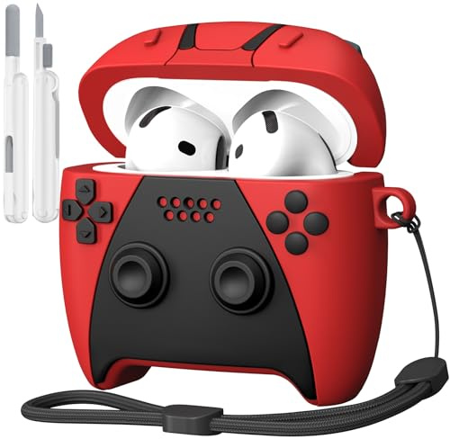 KOREDA for AirPods 4 Case Cover with Cleaner Kit, Cute Funny 3D Game Controller Design Silicone Protective Case with Lanyard for AirPods 4th Generation 2024 (Red)