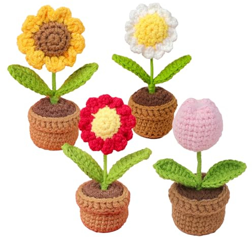 PORUPAEL 4 Pcs Handmade Crochet Flowers Pot, Crochet Flowers, Hand Knitted Sunflower Flower Basket Sunflower Crochet Potted For Decorating Rooms, Home Office, Desktop, Cars, Family