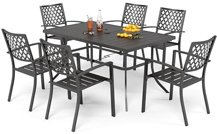 PHI VILLA Gartenmöbel Set Metall 6 Personen Gartentisch Set mit 6 Stühle | Wetterfest E-beschichtet Sitzgruppe Outdoor, 6 Stapelbare Stühle für Platz Sparen, Tisch mit 4-5cm Schirmloch