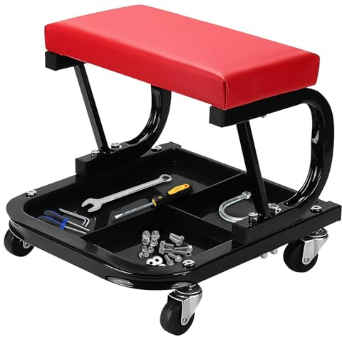 Crystals Heavy Duty Workshop Seat with Wheels – 150KG Support, Padded Cushion & Tool Tray, Durable Rolling Stool for Mechanics, Garage & DIY Use