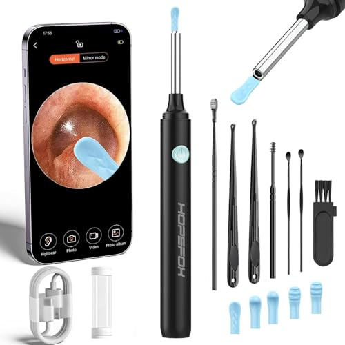 Ear Wax Removal Kit - Ear Cleaner Ear Camera - Ear Wax Remover with 6 Pcs Ear Set - Ear Wax Removal Tool - WiFi Cleaner Camera with 6 Silicon Ear Spoon - Ear Cleaning for iOS & Android (Black)