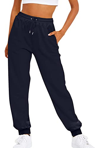 YCBMINGCAN Pantalones de chándal para mujer, color liso, cintura elástica, informales, sueltos, de forro polar, ropa interior de esquí, pantalones largos, marine, L