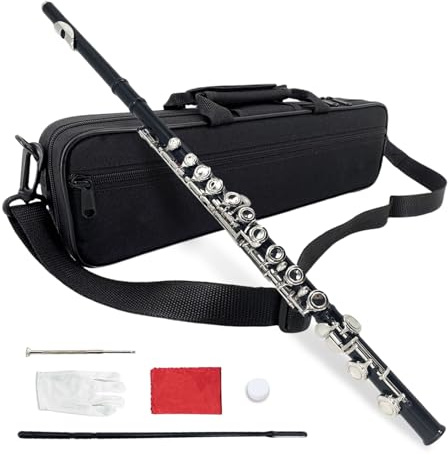 Vetimobato 16 Key Closed Hole C Flute for Beginners, Students, Adults – Silver Plated Nickel Flute with Carrying Case, Cleaning Kit, Tuning Rod, Gloves – Lightweight, Durable & Easy to Play (Black)