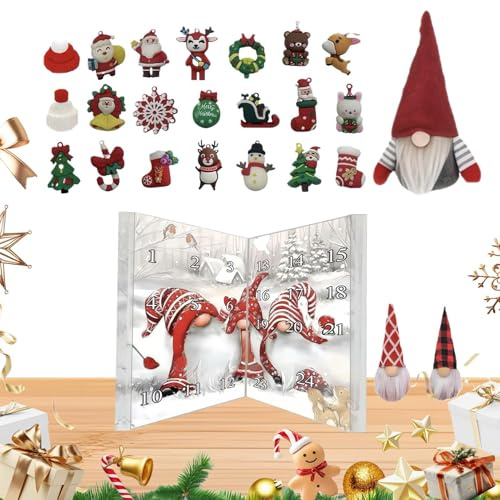 Calendrier de l'Avent, Décorations Mignonnes Cadeaux de Fêtes, Calendrier De Compte À Rebours De 24 Jours Avec Figurines De Nains Ornements Pour Décorer Cheminée, Table,