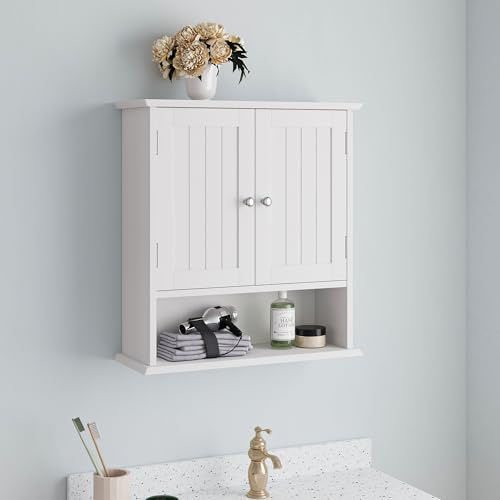 LFGUIZO Badezimmerschrank mit 2 Türen, Medizinschrank mit verstellbaren Regal, Über-Toiletten-Schrank, Wandschrank für Badezimmer, Waschküche, Küche, Wandmontage, 54.6 × 19.8 × 60 cm,Weiß