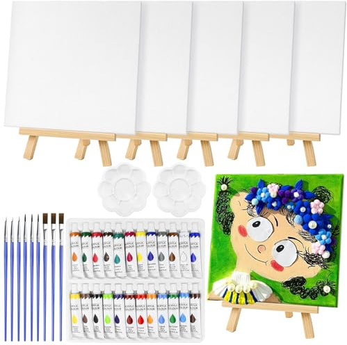47 Pcs Mini Canvas and Easel Set,Painting Set Includes 20x20cm Primed Canvas, Mini Wooden Easel, Acrylic Paint, Paint Brushes and Palette for Kids Artists Art Party