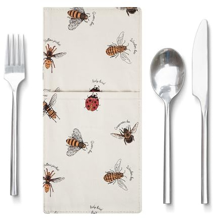 Reusable Cotton Cutlery Holder for Table– Spoon,Knife,Fork Holder Cutlery Pouch Pocket Bag for On-The-Go Meals | Hummingbird & Bumblebee Prints for Conscious Living (Bumble Bees)