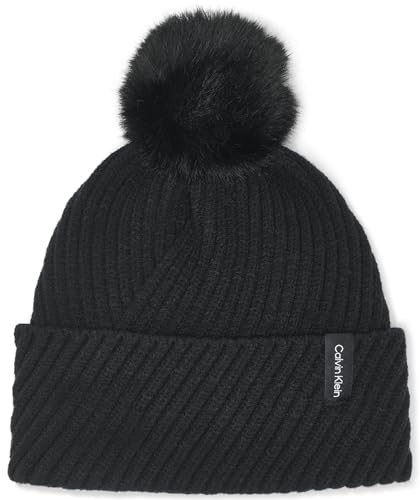 Calvin Klein Damen Beanie-Mütze Diagonal Rib Winter Beanie with Faux Fur Pom