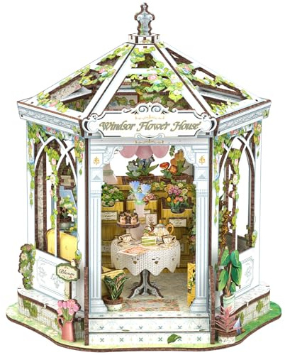 Cutefun Miniature House Kit - Wooden Dollhouse - Miniature Dollhouse Bookcase - House Model Kit with LED Lights - Bookcase Decoration, for Lady (Windsor Flower)