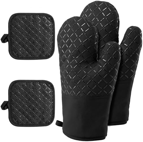 Juego de Guantes de Horno y Alfombrillas Resistentes al Calor, Guantes de Cocina Antideslizantes Resistentes a Altas temperaturas, 4 Piezas, Resistentes al Calor hasta 250 °C, adecuados para cocinar