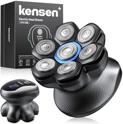 kensen Rasoio Testa Calva Uomo Zero Assoluto 2 Velocità 7D Rasoio Capelli Uomo 0 mm Impermeabile Cordless 100 Minuti di Autonomia Rasoio Elettrico Testa Calva Uomo con Display LED & USB-C Nero