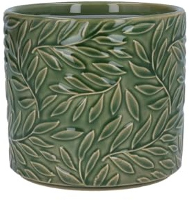 Extra Small Green Plant Pot, XS Glazed Green Pot Holder, Willow Leaf Pattern Geometric Stoneware Houseplant Cover, Mini Indoor Flower Succulent Cactus Planter