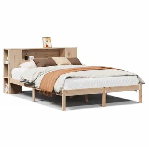 Mhdvray Massivholz Bettgestell mit Bücherregal 135x190 cm Kiefer unbehandelt Stauraumbett für Jugendzimmer Gästezimmer
