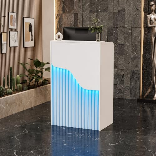 MSFE Comptoir Réception avec LED Comptoir d'accueil Petit Bureau d'accueil avec Tiroirs Verrouillables Compact Meuble de Réception C-omptoir de Caisse pour Salon de Coiffure,Bureau,Boutique
