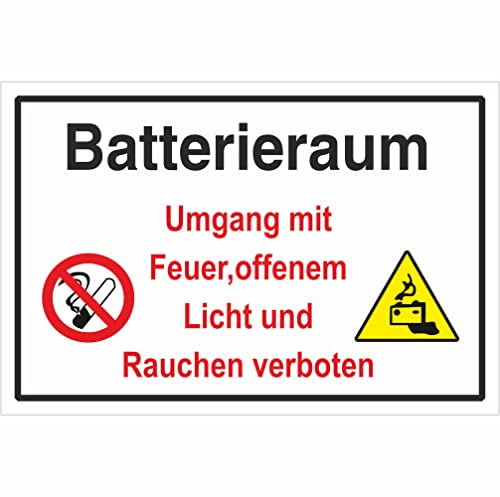 Indigos UG Aufkleber Batterieraum Umgang mit Feuer, offenem Licht - 30,00 cm x 20,00 cm - selbstklebender Sicherheits Aufkleber für Tür oder Wand - Warnschild für Gebäude, Hotel, Büro, Firma