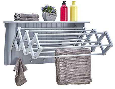 Danya B Accordion Clothes Drying Rack, Retractable, Wall Mounted Towel Rack and Hooks for Clothes and Towels for use in Laundry Room or Garage (Gray)
