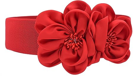 TeeYee Damen Mädchen Große Blumen Schnalle Elastische Breite Gürtel rot