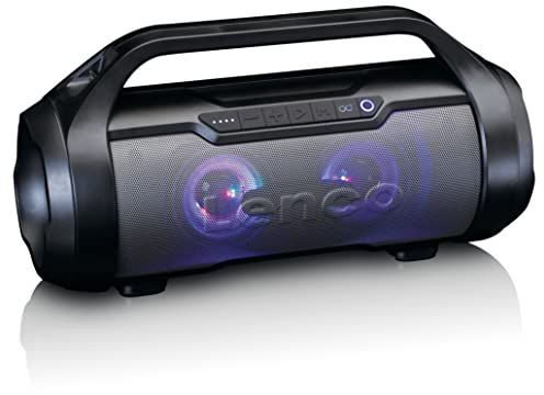 Lenco SPR-070 Boombox - IPX5 Wasserdichte Bluetooth Boombox - integrierter 3000mAh Akku - 2 x 12 Watt RMS - FM Radio Empfänger – Lichteffekte - Kabeloses Musikstreaming - Schwarz
