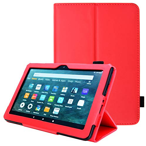TECHGEAR Neue Amazon Fire HD 8, HD 8 Plus, Kinder, 2024/2022/2020 14. 12. 10. Generation Hülle - PU Leder Slim Hülle mit Ständer und Handschlaufe Schutzhülle Tasche - Rot