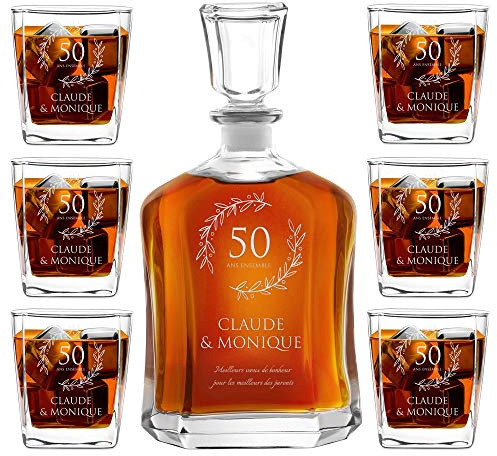 Maverton Ensemble de Carafe en Verre Personnalisé a Whisky Rhum Cognac Avec 6 Verres a Whisky Gravés Cadeau Personnalisé Couple - 700 ml Service Universel Verre a Whisky et Carafe - Ensemble