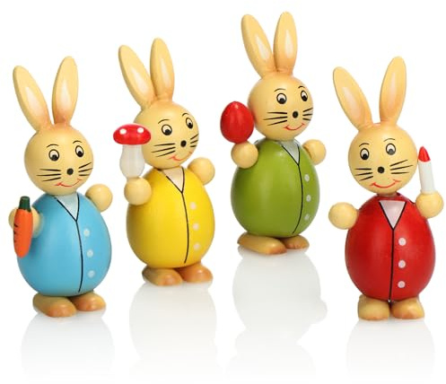 com-four® 4X Conejitos de Pascua Decorativos de Madera - Soporte para decoración de Primavera y Pascua - Conejitos de Madera en Colores Brillantes - Figuras de Madera (4X Conejito Colorido)