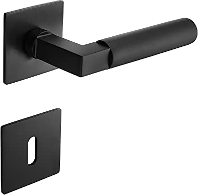 ck-türbeschläge Drückergarnitur Bauhaus Q nach Gropius & Meyer 1922/1923 | 3 mm Magnet-Flachrosette | festdrehbare Lagerung | Schwarz matt (BB (Buntbart))