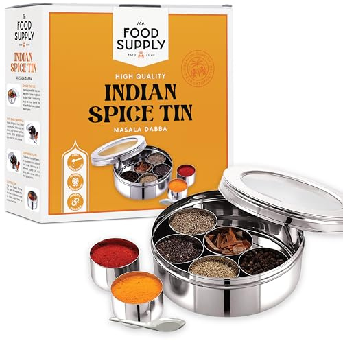 Pick N Save Spice Box Masala Dabba with 7 Compartments made out of Highest food grade stainless with FREE Serving spoon (Transparent Lid, 20cm)