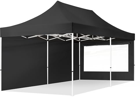 3 x 6 m vikbar paviljong festtält gazebo stål 30 mm, 2 sidodelar, panoramafönster, svart
