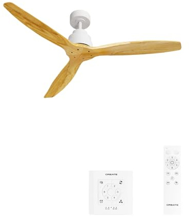 CREATE/ WINDSTYLANCE NATURAL WOOD/Deckenventilator Weiß Naturholzflügel mit Wandschalter und Fernbedienung / 40W, Leise, Ø132 cm, 6 Geschwindigkeiten, Timer, Sommer-Winterbetrieb, doppelte Höhe