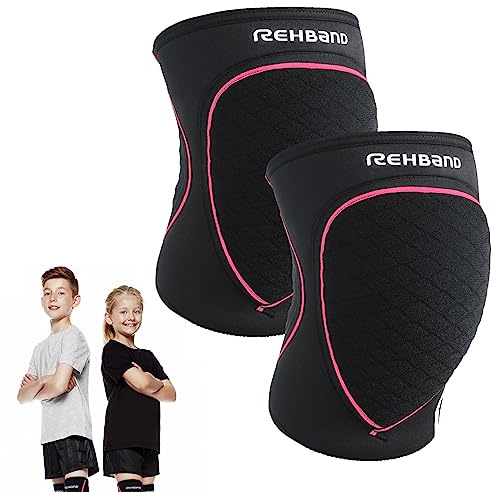 Rehband Rodilleras para Niños, 1 Par, Protectores de Rodilla para Voleibol y Balonmano - cómodas y de alta protección, Protección de Rodilla Infantil, Color:Negro/Rosa, Talla:L, Lado:Par
