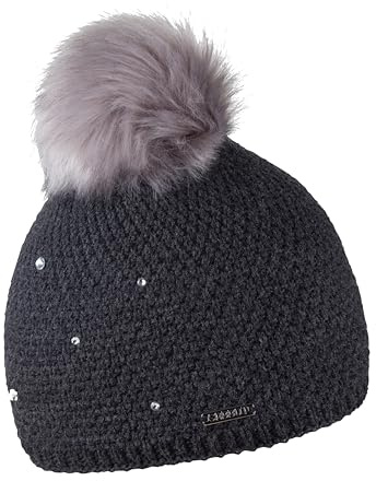 SABBOT Schick Damen Mütze mit Pelzbommel, Fleece-Futter, Wintermütze, Strickmütze, Mit Strasssteinen,Warme Kappe (Graue Highlights)