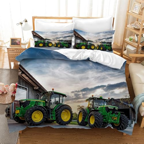 Leleyouzer Traktor Kinder Bettwäsche-Set +2 Kissenbezug 50×75 cm,Kinder Jugendliche Jungen Traktor Bettwäsche,Weiche Mikrofaser-Bettwäsche mit Reißverschluss (Traktor 1, 135×200 cm)