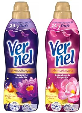VERNEL Weichspüler-Set 2x 37 Waschladungen (74WL) Aromatherapie 1x Bezaubernde Magnolie & 1x Traumhafte Lotusblüte, langanhaltender Wäscheduft mit ätherischen Ölen für 24/7 Frische