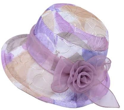 Damen Elegante Blumen Sommer Hut Sonnenhüte Breite Krempe Kirche Hochzeit Vintage Party Hut Sommer Sonnenhut Mode Fascinator Hut Bowler Hut Hochzeit Organzahut Damenhut Sommerhut (Purple, One Size)