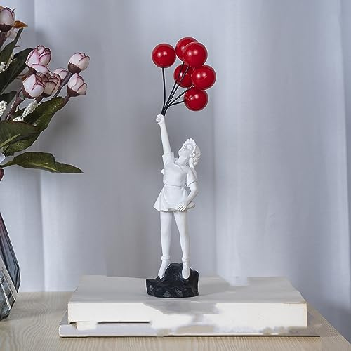 DANETI Statua di Banksy, statuetta di ragazza con palloncino volante, decorazione per la casa, scultura d'arte moderna, statuetta in resina, ornamento artigianale bianco-B