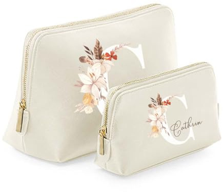 Sprinkle & Style Premium Kosmetiktasche mit Initialen und Namen Boho Stil Beige, Groß, Klein, im Set, veganes Leder Saffiano Optik,hochwertig und personalisiert (Klein (18 x 11 x 4,5 cm), Beige)