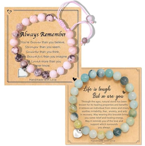 2 Pcs Anxiety Bracelets, Healing Bracelets for Women - Bead Bracelet, Crystal Gifts for Women (1 Pink, 1 Green)