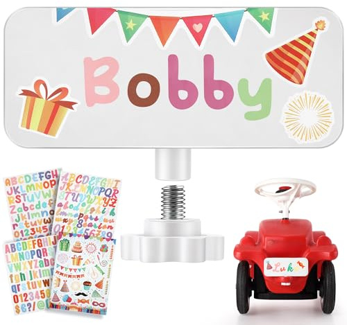 Enhon Aluminium Weiß Individuelles Nummernschild für Big Bobby Classic und New, 1 Fest Verstellbare Bolzen, 3 Buchstabenaufkleber, 1 Geburtstagsaufkleber, Namensschild für das Rutschfahrzeug