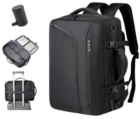 Vakuumresor Ryggsäck, 55L Expanderbar Komprimerande Ryggsäck med Pump, Vattenresistent - för Resor/Camping/Bärbar Dator (Med Elektrisk Luftpump & Svart)