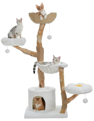 PAWZ Road 150cm Wood Cat Tree, Modern Cat Tower for Large Cats, White | Natural Solid Wood Scratching Post, Large Wicker Basket & Hammock, Luxury Condo and Dual Flower Perches, Multi-Cat Households