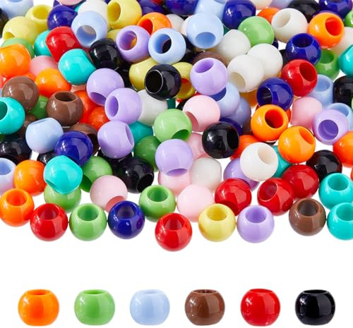 DICOSMETIC 300 Stück 12mm Acrylperlen Bunte Großlochperlen Runde Ponyperlen Bunte Haarperlen Für Zöpfe Mit 6.5mm Großem Loch Für DIY Halskette Armband Schmuckherstellung