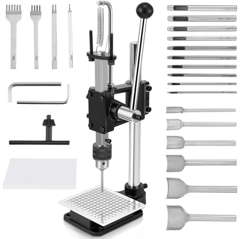 Leather Hole Puncher Set, Heavy Duty Hand Press Puncher Machine with Aluminum Plate, 4 Prong Punches, 10 Hollow Punches, 6 Edge Punches, PP Plate, Chuck, for DIY Leather Craft Punching Holes Cutting