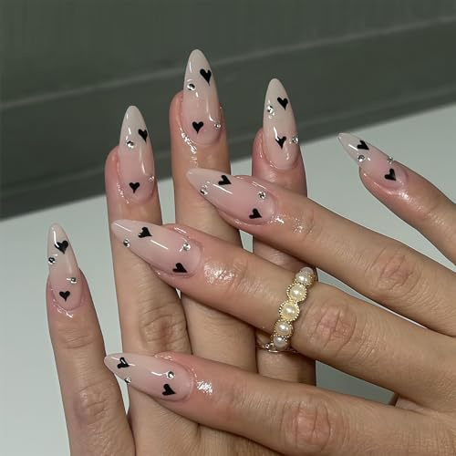 Nude Künstliche Fingernägel Zum Aufkleben - 24Pcs Lang Press on Nails Almond mit Schwarze Herz Strasssteine Design - Full Cover Falsche Nägel Tip - Künstliche Nägel für Frauen Mädchen (Black Heart)